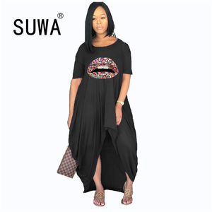 Hurtownie Dresses Woman Party Night Club Seksowna Moda T-Shirt Top Casual Krótki Rękaw O Neck Loose Boho Długie 210525