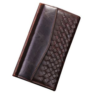 Wallet Vintage Men Genuine Leather Fahion Hight Quality Famale Money Clip Purse Knitted Long style Clutch Male Money Bags