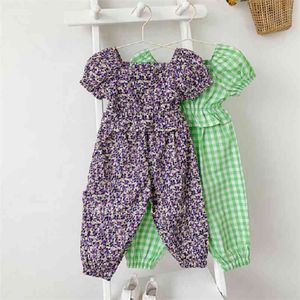 Mädchen Anzug Plaid Floral U-Ausschnitt Bluse + Hose Sommer Mode Baby Kinder Niedliche Kinderkleidung 210625