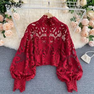 NEPLOE Lace Sexy Hollow Out Stand Camisa Colar Sólido 2021 All-Match Zip Femme Blusas Chic Lantern Manga Mulheres Blusas 210315