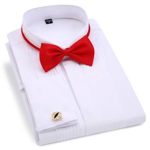 Homens Casamento Smoking Manga Longa Vestido Camisas French Cufflinks Swallowtail Dobre Botão Escuro Design Cavalheiro Camisa Branco Vermelho Preto 210626