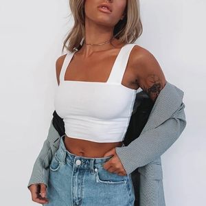 Kvinnor tank tops fyrkantiga nacke ärmlös sommar grödor topp vita kvinnor svart avslappnad grundläggande t-shirt av axel cami sexig backless 210308