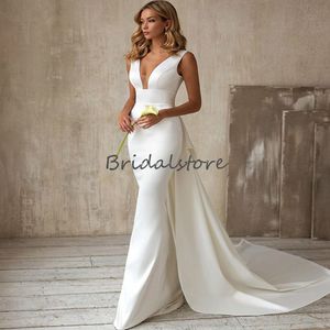 Prosta Satin Syrenka Suknia Ślubna z odpinanym pociągiem Sexy V Neck Summer Beach Country Garden Suknia Bridal 2021 Bow Robe Soirée de Mariage Vestido Novia