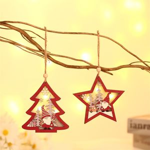 Ciondolo luminoso in legno di vecchio uomo della foresta rossa di Natale, decorazioni per l'albero di Natale, pendenti rotondi con stella a cinque punte