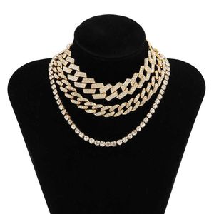 Iced Diamond Chain Necklace, 3-piece Set, Cuban Punk Style, Neck Zipper, Thick Chain Link, All Crystal, Gift Jewelry Q0809