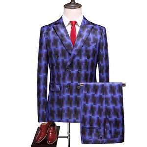 Plaid Men Suit Double Breasted Wedding 2021 Tuxedo Groom Formal Mens 2 Pieces Plus Size 6XL Blue Male Suits/ jump suit X0909