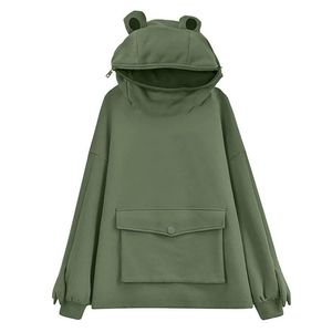 Żaba Bluza Harajuku Bluza Damskie Bluzy Sweet Japonia Top Kreatywny Szycie Cute Frogs Pullover Pocket Hoodie Tot Sell 210715