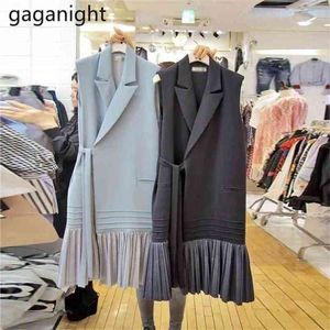 Koreański styl wiosna jesienne eleganckie płaszcze Wzburzyć paski patchwork solidna V-Neck bez rękawów kobiet kamizelki 210601