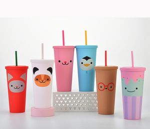 The latest 24OZ double-layer plastic straw coffee mug, children's cartoon frosted matte style water cup, support custom logo