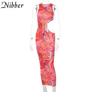 NIBBER Y2K O-Neck Bodycon Fashion Printing Maxi Klänning Kvinnor Sexig Skinny Ärmlös Hollow Out HolidayWear Sommarkläder Y0823