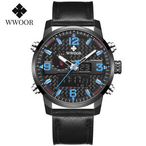 wwoorデュアルディスプレイメンズ腕時計24時間LEDアナログデジタル時計オスレザースポーツ防水時計メンクリアランスセールドロップシップ210527