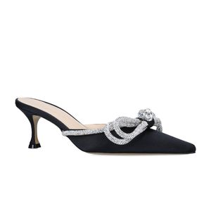 Satin 65mm slippers crystal embellished Double Bow mules Evening shoes Rhinestone stiletto Heels women's heeled Luxurys Designers Dress shoe factory footwear