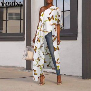 Women's Blouses & Shirts Bohemian Tops Women Split Blouse VONDA 2021 Summer Sexy Off Shoulder Printed Long Casual Loose Blusas Plus Size Tun