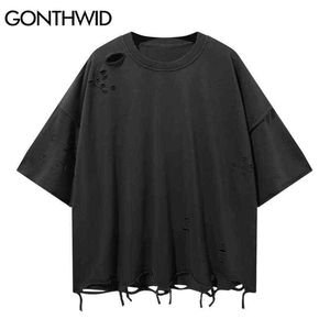 Gonthwid High Street Tshirts Hip Hop Ripped Distressed Desteded Holes Solid Färg Tee Shirts Streetwear Harajuku Bomull Tops G1229