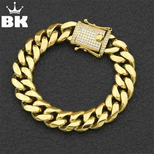 12mm/14mm CZ Stainless Steel Cuban Link Bracelet Gold silver color Plated HipHop Micro Paved Mens Miami Bangle 7inch/8inch 210611