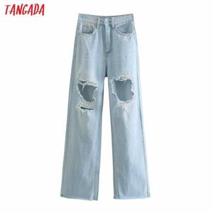 Tangada Moda Kobiety Boyfriend Style Ripped Hollow Jeans Spodnie Długie Spodnie Kieszenie Przyciski Denim Spodnie 4m169 210609