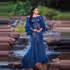 Casual Dresses Sexy Heer Graviditet för Po Shoot Långärmade Ruffles Se Thru Kvinnor Maternity Robes Kappor Plus Storlek