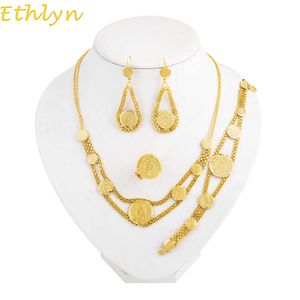 Eflyn Coin colar conjunto ouro cor antiga moeda brincos + pulseira + anéis + colar Médio Oriente Muslims Islamic Women Sets S040 H1022