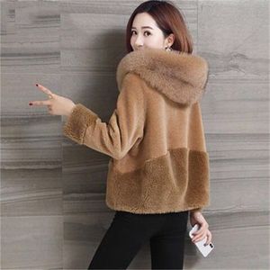 Winter Lamb Fur Coat Kvinnor Kort Jacka Varm mjuk dragkedja Faux Hair Hooded Collar Fashion Female Plush Overcoat Outwear 211018