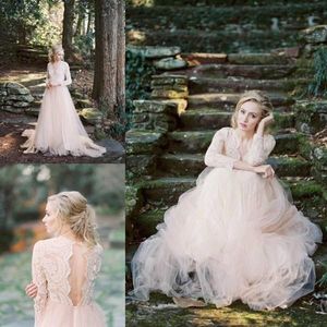 2021 Blush Pink Abiti da sposa Maniche lunghe In pizzo Tulle Sexy Hollow Back Smerlato Scollo a V Sweep Train Paese Abito da sposa vestido de novia