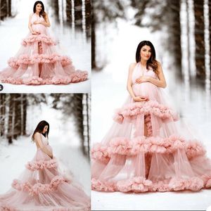 Pink Illusion Ruffles Tulle Kobiety Zima Sexy Halter Neck Kimono Party W Ciąży Party Sleepwear Kobiety Szlacz Backless Nightgown Robe Shawel