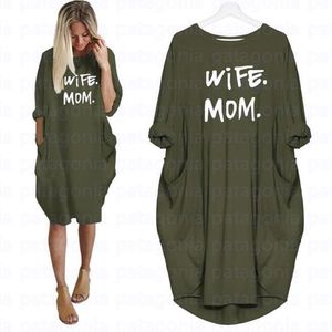 Żona mama letnie sukienki na co dzień moda damska wokół szyi T Shirt z długim rękawem Sundress szczupła seksowna sukienka Plus rozmiar S-5XL