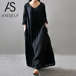 Anself Maxi Drwomen 2021 Sommar Dr5XL Plus Storlek Casual Loose Baggy Dresses Retro Boho Långärmad Robe Femme Vestido X0621