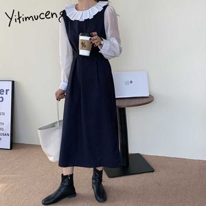 Yitimuceng Fałszywy 2 sztuk Suknie Kobiety Lace Up Korean Moda Vintage Midi Dress Peter Pan Collar Khaki Ciemnoniebieski Wiosna 210601