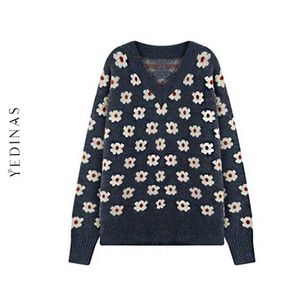 Yedinas Vintage Floral Sweater Långärmad V Neck Knitted Jumper Ladies Loose Warm Pullover Kvinnor Vinter 210527