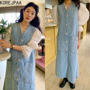 Korejpaa Set di abiti da donna Camicia a maniche svasate in pizzo versatile coreano e abito da gonna con gilet in denim con taschino allentato monopetto 210526