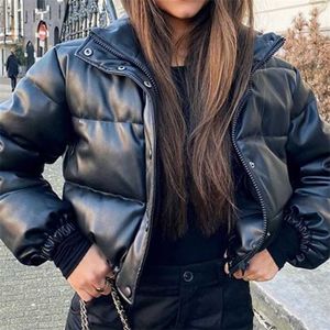 Ailegogo Winter Thick Warm Short Parka Fashion Black PU Leather Coats Ladies Elegant Zipper Cotton Jackets Female Ouwear 211223