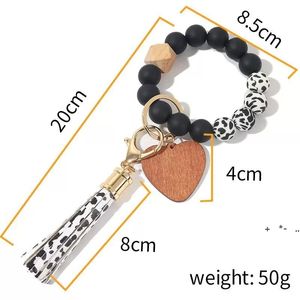 14 Colors Valentines Day Love Wood Chip Silicone Bead Bracelet Keychain Party Favor Wristlet Key Chain Tassels Handchain Keys Ring RRE12824