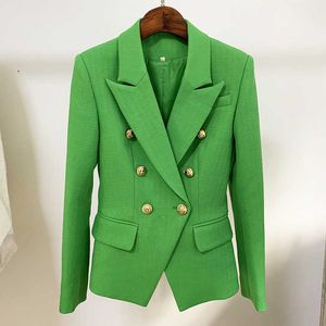 2020 Classic Green Damska Blazer Jesień Metal Gold Double-Breasted Button Slim Bawełniany Pościel Blazers Kurtki Suit Dropshipping X0721