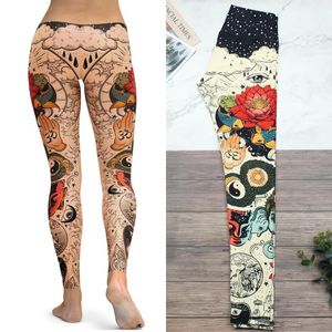 Yogaoutfit Tatuering Lotusbyxor Damfärgtryck Fritidsdaglig Sport Hög midja Fitness Elastiska Leggings S~XXL