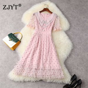 Trend Fashion Women Short Sleeve Summer Polka Dot Mesh Sweet Pink Princess Dress Party Celebrity Robe Femme 210601