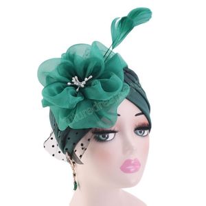 Kobiety Wzburzyć Koronki Mesh Feather Big Flower Turban Kapelusz Gorgeous Dress Akcesoria Kapelusze Headwrap Panie Wedding Party Hat Chemo Cap