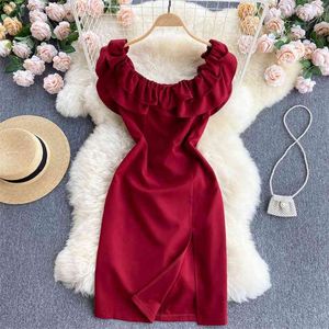 Sexy Ruffles Slash Neck Off Shoulder Mini Party Dress Women Fashion Summer Korean Sleeveless Slim Split Short 210603