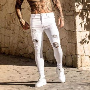 White Skinny Stylish Boy Friend Style Ripped Jeans For Mens Distressed Dilapidated Cowboy Broken-hole Jeans Stretch Blue Black 210622