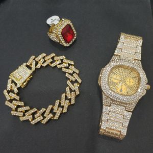 Earrings & Necklace Luxury Man Watch Ring Bracelet Combo Set Rapper Crystal Miami Braclete Jewelry Out Cuban Hip Hop For Men