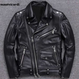 Mauroicardi Frühlings-Motorradjacke aus schwarzem Leder für Herren, langärmlig, Reißverschlusstaschen, Herren-Lederjacken und -Mäntel 211111