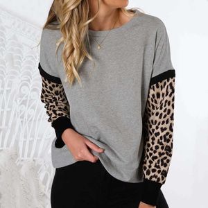 Gray Leopard Patchwork Jesień Bluzy Kobiety Dorywczo Luźne Okrągłe Neck Długi Rękaw Spadek Bluza Zima Kobieta Streetwears 210526