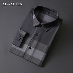 Märke Mäns Business Casual Shirts Höst Mode Långärmad Grå Plaid Loose Shirt Arbetsklänning Plus Storlek 5XL 6XL 7XL 210708
