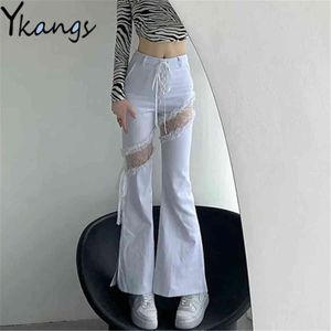 Y2k Lace Stitching Hollow Out Side Slit Bandage High Waist Flared Jeans Slim Gothic Punk Streetwear Denim Pants Harajuku Trouser 211129