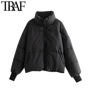 TRAF Women Fashion Oversized Tjock Varm Parkas Coat Vintage Långärmade Fickor Drawstring Kvinnor Ytterkläder Chic Toppar 210923