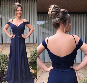 Dark Navy Chiffon Bridesmaid Dresses Spaghetti Stems Off the Shoulder Ruched Cleats Ribbon Floor Length Maid of Honor Gown Vestidos 403