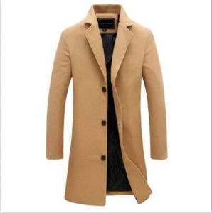 Mäns Lång Woolen Trench Coat Man Koreansk stil Slim Solid Färg Plus Storlek Woolen Coat M-5XL