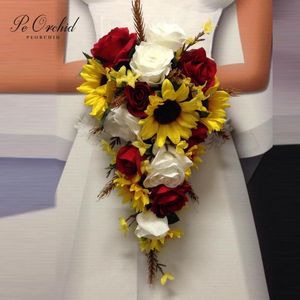 Bruiloft bloemen peorchid zonnebloem cascade boeket rood rose ramo de novia kunstmatige zijde bruids waterval bruidsmeisjes