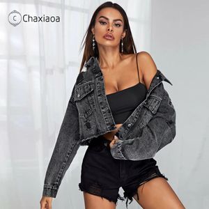 Kot Ceket toptan satış-Kadın Ceketler Chaxiaoa Kadınlar Denim Ceket Sonbahar Bahar Moda Burr Delik Katı Siyah Gri Ceket Kırpılmış Damla X596
