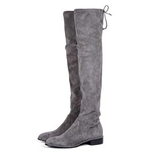 Stiefel lange winter frauen runde spitze niedriger ferse modisch sexy über dem knie stretch grau wildleder schnüren schuhe frau bota