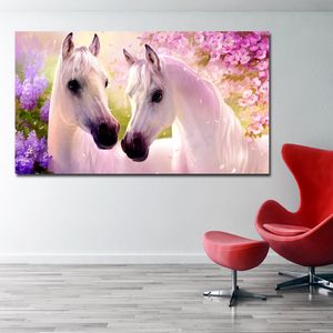 Arte moderna pinturas de cavalos brancos em flores de parede de flores para a cópia da lona da sala de estar Pôsteres Decoração da parede Unframed